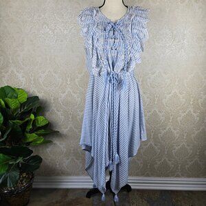 MISA Size Small Blue White Stiped Eyelet Dress Asymmetric Hemline Lace Up Front